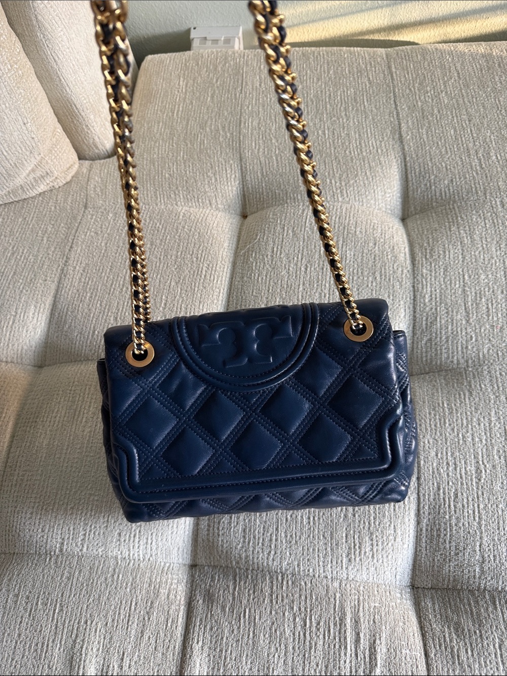 Tory Burch fleming soft convertible shoulder Bag Leather Quilted Chain Dark Blue - Picture 3 of 16